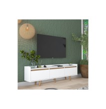 Mueble TV Nogal Blanco Melamina-Negro con Patas de Madera - 3 Puertas Abatibles - 180x29.7x51.8 cm - Elegancia y Espacio.