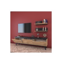 Mueble TV Completo en Melamina Color Roble y Negro, 180x35x48.5 cm, con 2 Estantes